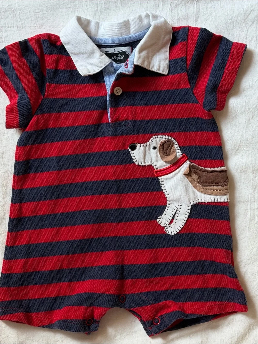 Mud Pie Baby 6-9M Red Navy Striped Polo Romper Puppy Dog Appliqué